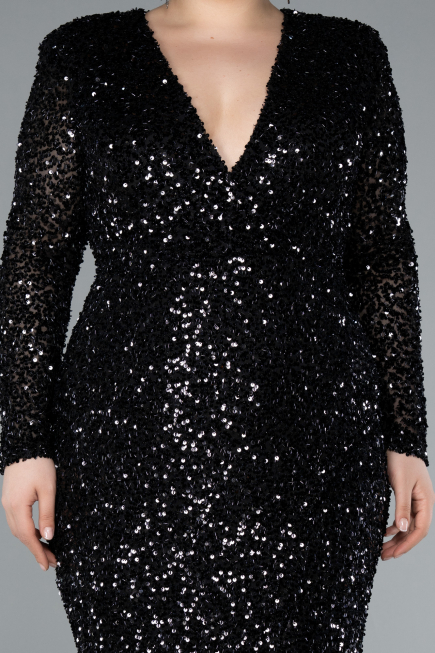 Robe de Soirée Grande Taille Longue Squameuse Noir ABU4764