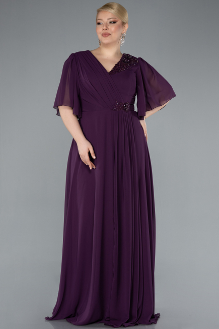 Robe de Soirée Grande Taille Longue Mousseline Violet ABU4794