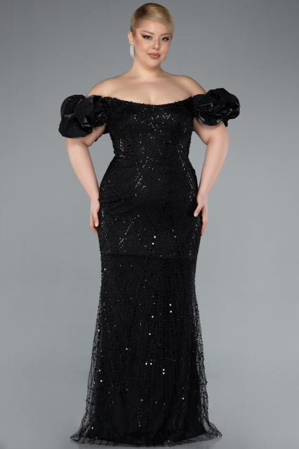 Robe De Fiançailles Grande Taille Longue Perlé Noir ABU4788