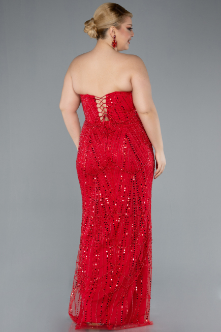 Robe de Soirée Grande Taille Longue Perlé Rouge ABU4789