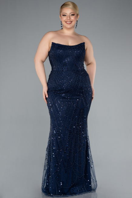 Robe de Soirée Grande Taille Longue Perlé Bleu Marine ABU4789