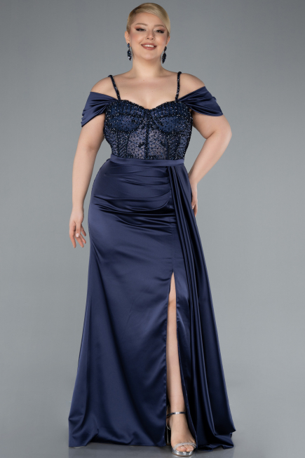 Robe Grande Taille Longue Satin Bleu Marine ABU4803