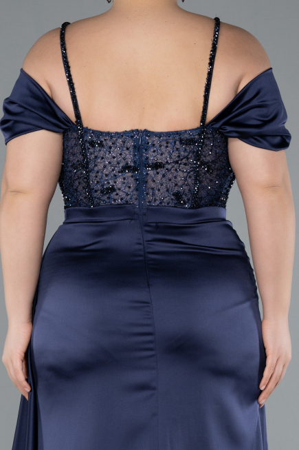 Robe Grande Taille Longue Satin Bleu Marine ABU4803