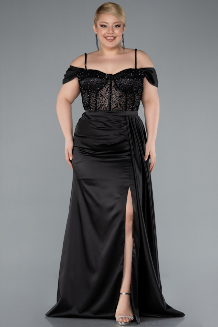 Robe Grande Taille Longue Satin Noir ABU4803