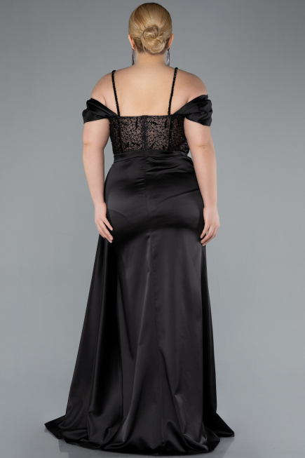 Robe Grande Taille Longue Satin Noir ABU4803