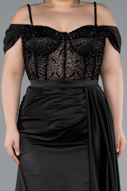 Robe Grande Taille Longue Satin Noir ABU4803