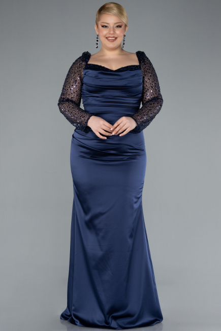 Robe Grande Taille Longue Satin Bleu Marine ABU4670