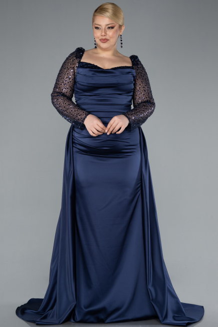 Robe Grande Taille Longue Satin Bleu Marine ABU4670
