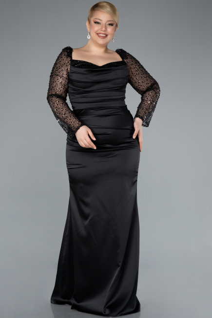 Robe Grande Taille Satin Longue Noir ABU4670
