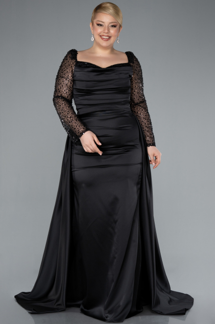 Robe Grande Taille Satin Longue Noir ABU4670