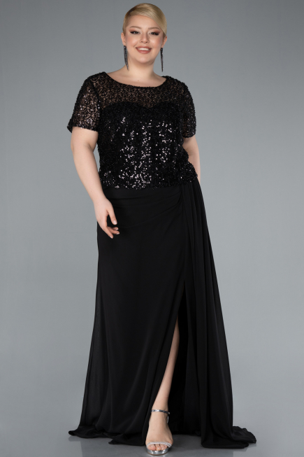 Robe De Soirée Grande Taille Longue Mousseline Noir ABU4806