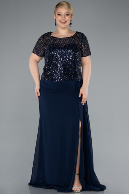 Robe De Soirée Grande Taille Longue Mousseline Bleu Marine ABU4806