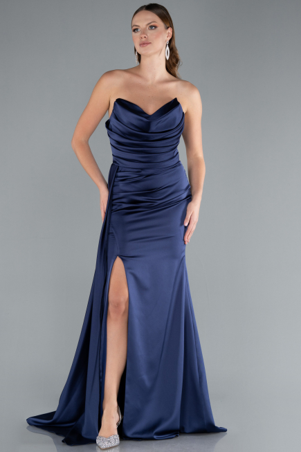 Robe de Soirée Longue Satin Bleu Marine ABU4841