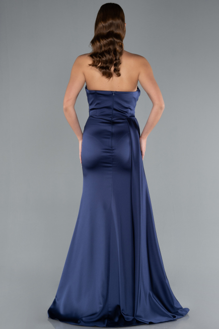 Robe de Soirée Longue Satin Bleu Marine ABU4841