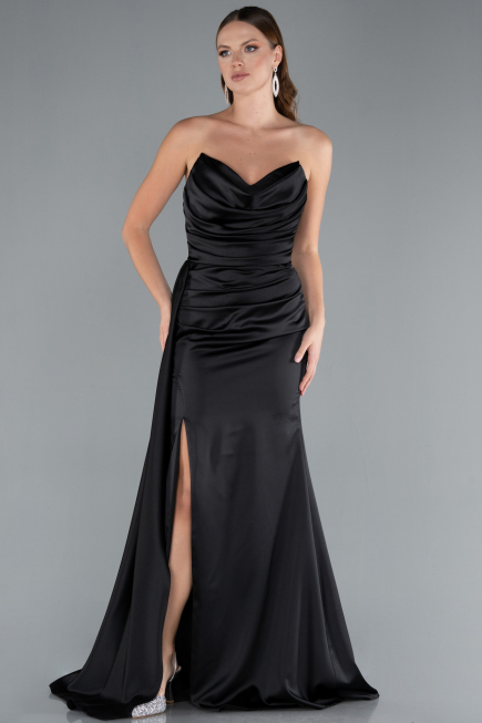 Robe de Soirée Longue Satin Noir ABU4841