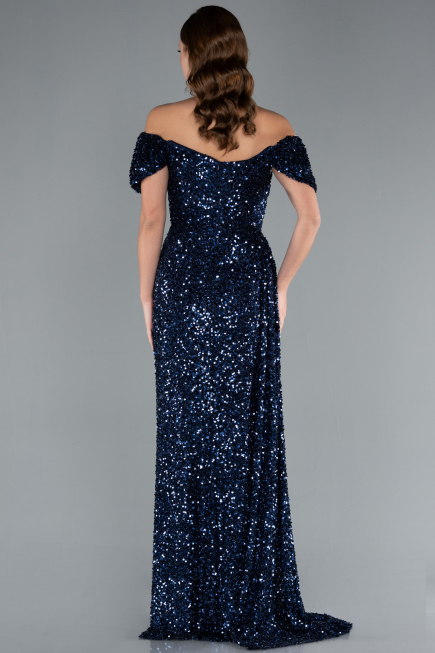 Robe de Soirée Longue Squameuse Bleu Marine ABU4843