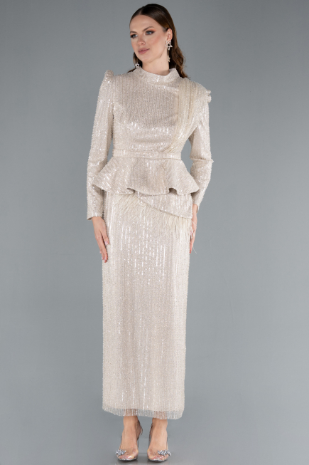 Robe de Soirée Voilée Longue Beige ABU4823
