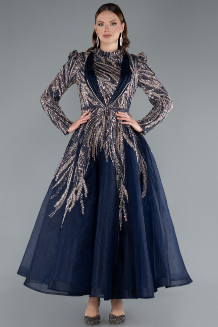 Robe de Soirée Voilée Midi Bleu Marine ABK2311