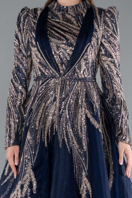 Robe de Soirée Voilée Midi Bleu Marine ABK2311