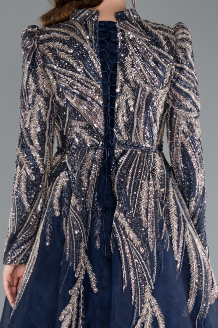 Robe de Soirée Voilée Midi Bleu Marine ABK2311