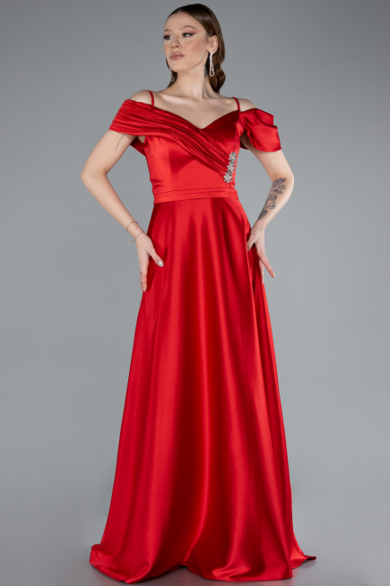Robe de Soirée Longue Satin Rouge ABU4868