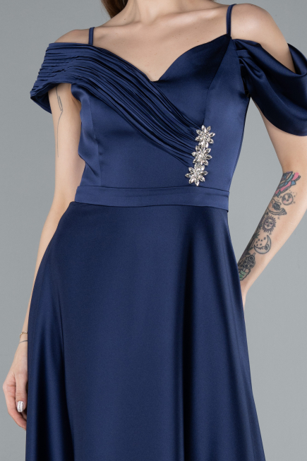 Robe de Soirée Longue Satin Bleu Marine ABU4868