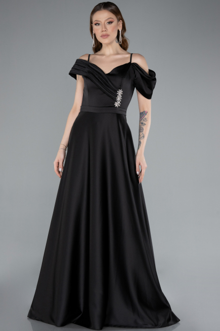 Robe de Soirée Longue Satin Noir ABU4868