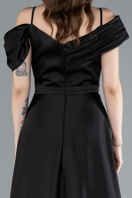 Robe de Soirée Longue Satin Noir ABU4868