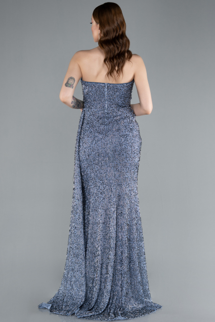 Robe de Soirée Longue Perlé Gris-Indigo ABU4871