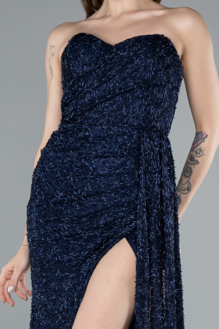 Robe de Soirée Longue Perlé Bleu Marine ABU4871