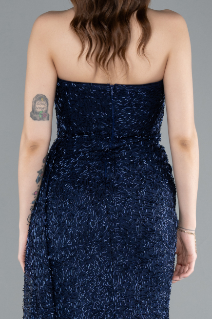 Robe de Soirée Longue Perlé Bleu Marine ABU4871