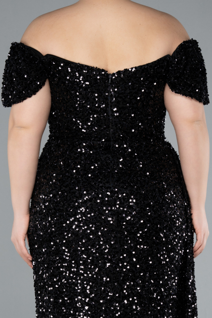 Robe De Soirée Grande Taille Longue Squameuse Noir ABU4863
