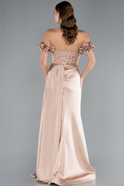 Robe de Soirée Longue Satin Beige ABU4895