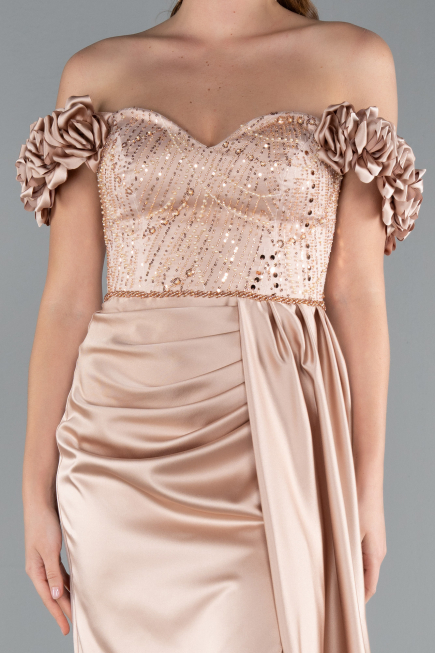 Robe de Soirée Longue Satin Beige ABU4895