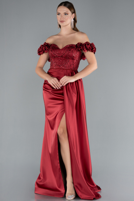 Robe de Soirée Longue Satin Rouge Bordeaux ABU4895