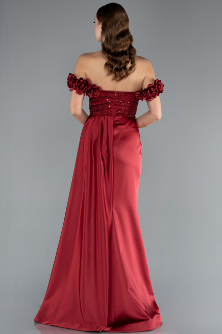 Robe de Soirée Longue Satin Rouge Bordeaux ABU4895