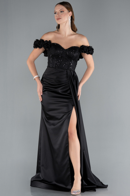 Robe de Soirée Longue Satin Noir ABU4895