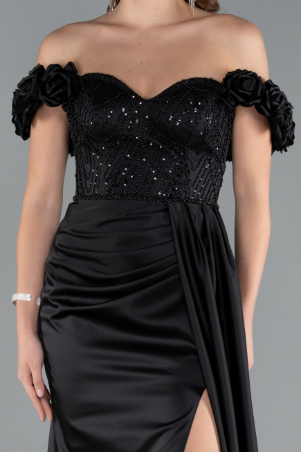 Robe de Soirée Longue Satin Noir ABU4895