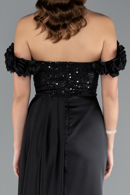 Robe de Soirée Longue Satin Noir ABU4895