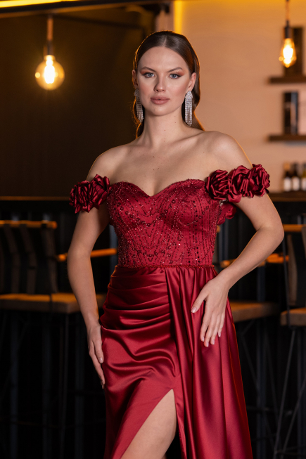 Robe de Soirée Longue Satin Rouge Bordeaux ABU4895