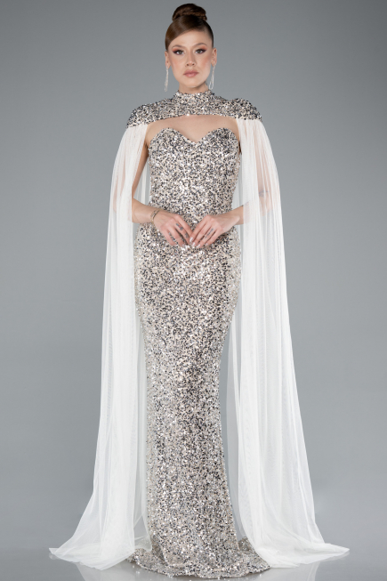 Robe de Soirée Longue Squameuse Beige ABU4910