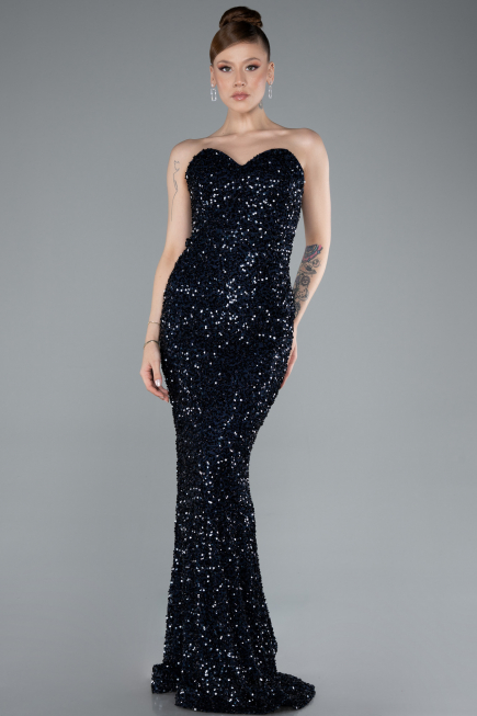 Robe de Soirée Longue Squameuse Bleu Marine ABU4910