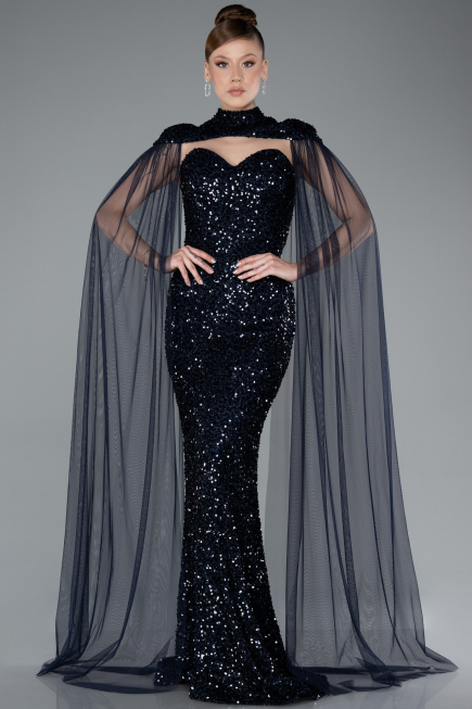 Robe de Soirée Longue Squameuse Bleu Marine ABU4910