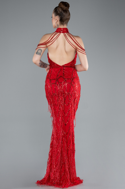 Robe de Soirée Longue Perlé Rouge ABU4912