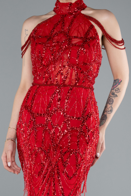 Robe de Soirée Longue Perlé Rouge ABU4912