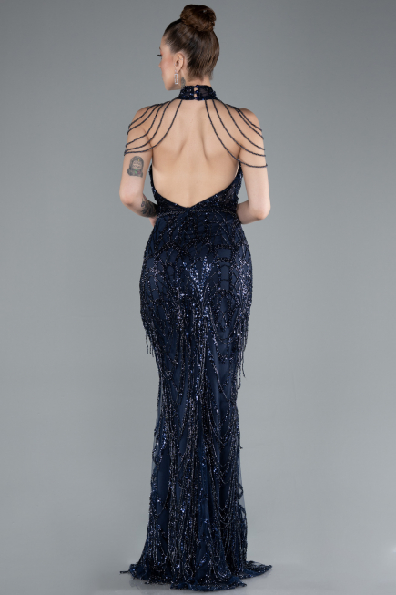 Robe de Soirée Longue Perlé Bleu Marine ABU4912