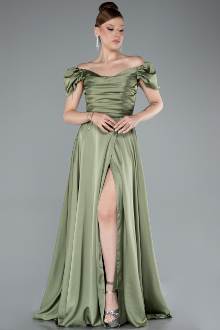 Robe de Soirée Longue Satin Kaki ABU4508