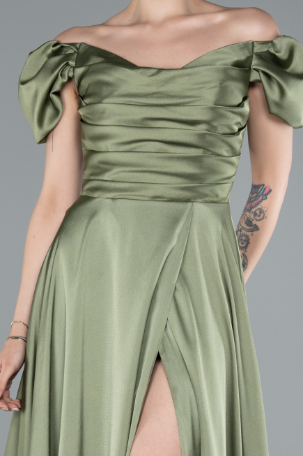 Robe de Soirée Longue Satin Kaki ABU4508