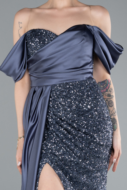Robe De Soirée Squameuse Longue Gris-Indigo ABU4085