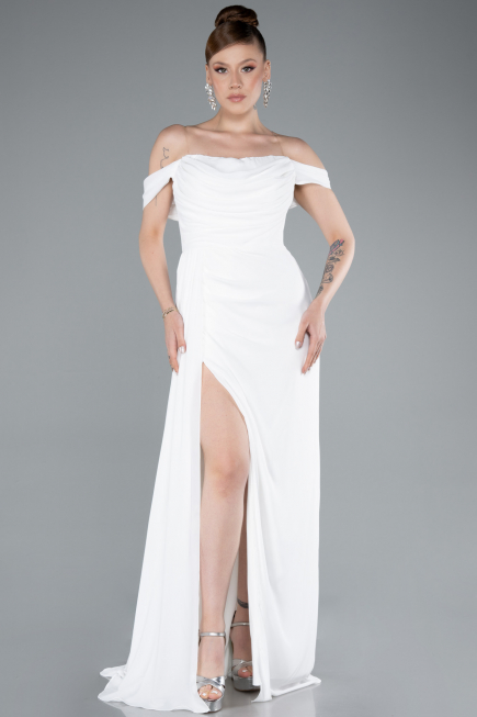 Robe de Soirée Longue Mousseline Blanc ABU4925